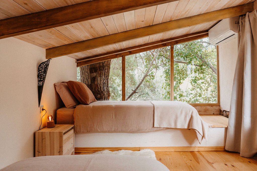Zimmer mit Holzdecke und großem Fenster ins Grüne