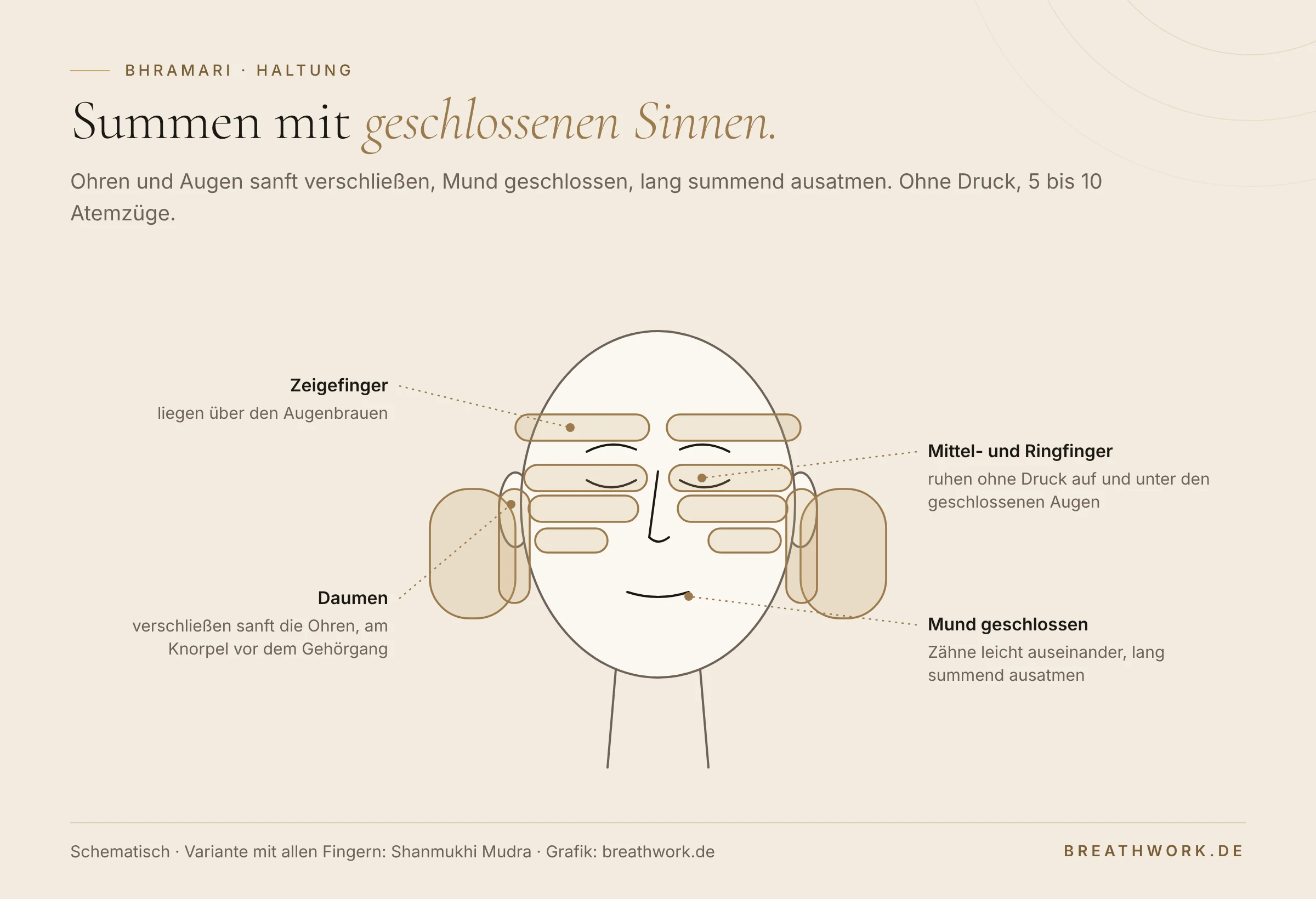 Schematisches Gesicht mit beiden Händen: Die Daumen verschließen sanft die Ohren, die Zeigefinger liegen über den Augenbrauen, Mittel- und Ringfinger ruhen ohne Druck auf und unter den geschlossenen Augen. Der Mund ist geschlossen, die Ausatmung wird gesummt.